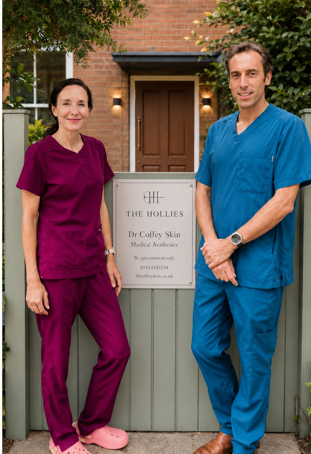Dr. Charlotte and Dr. Jonathan Coffey outside The Hollies clinic